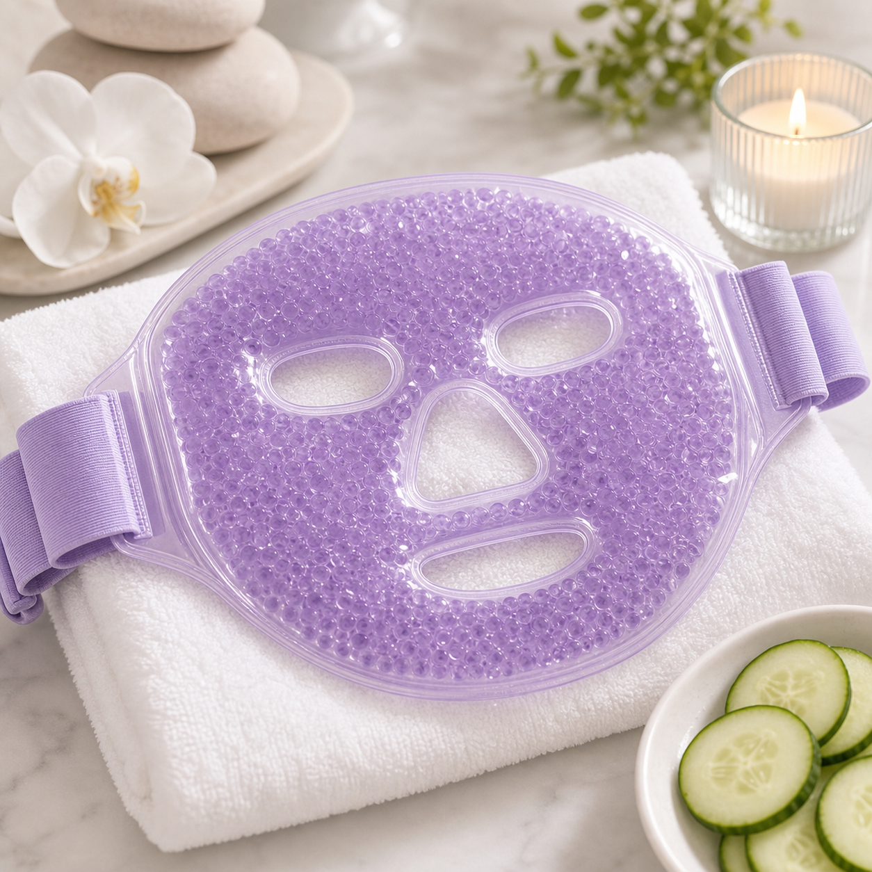 Lila Gel Gesichtsmaske auf Spa Handtuch