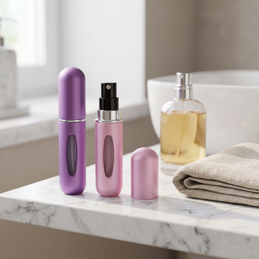 Reise-Parfümzerstäuber 2er Set lila und rosa auf Marmor-Badregal
