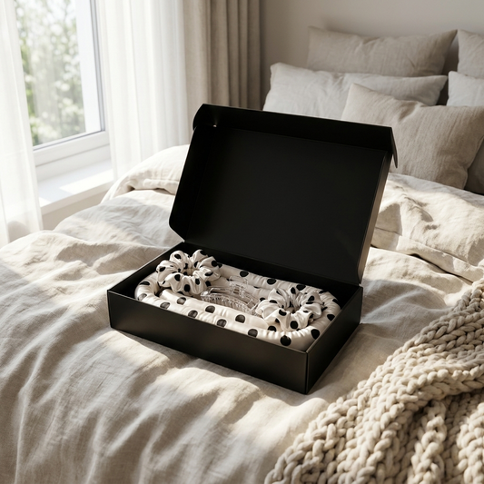Hitzefreie Lockenwickler aus Satin auf hellem Bett