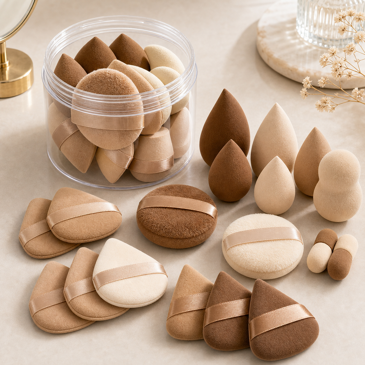 Braun cremefarbenes 15-teiliges Make-up Schwamm Set auf Beauty Tisch