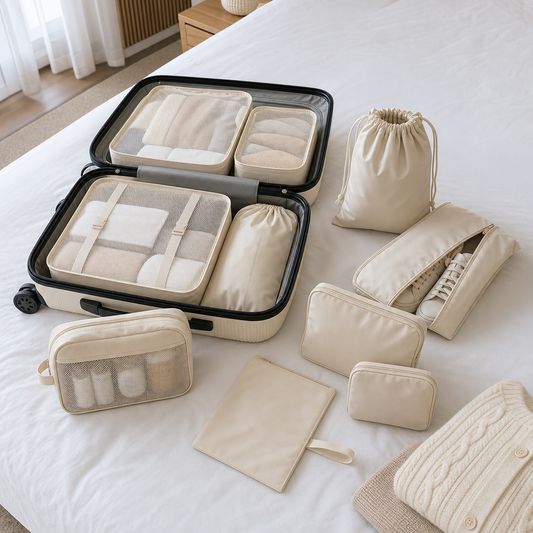 Cremefarbenes Reiseorganizer Set im geöffneten Koffer