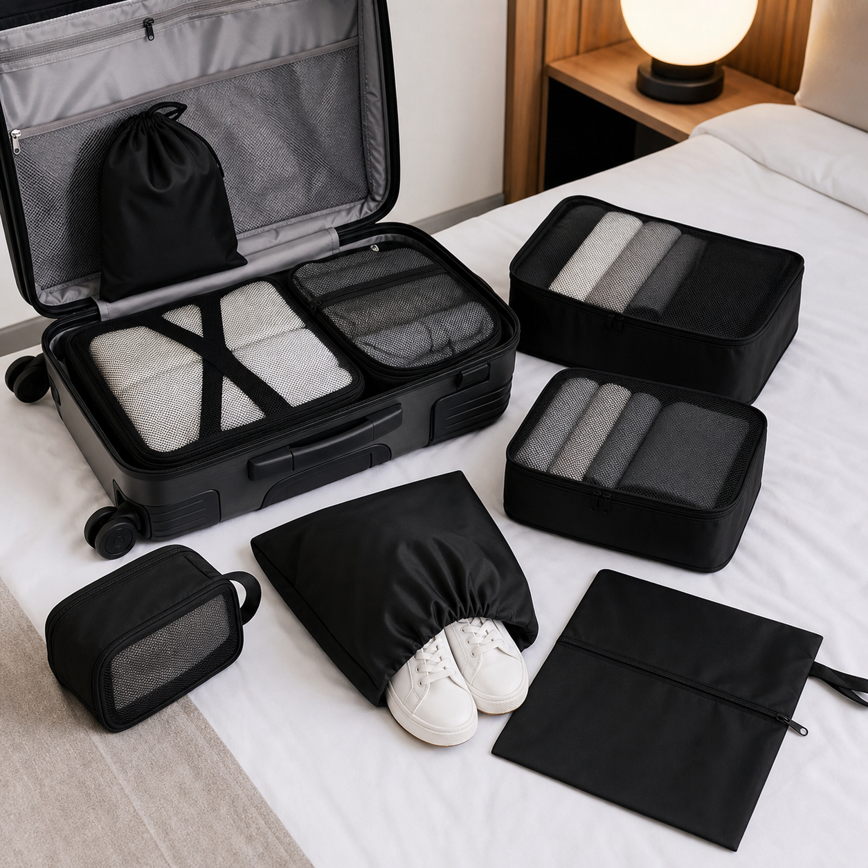 Schwarzes Reiseorganizer Set im geöffneten Koffer