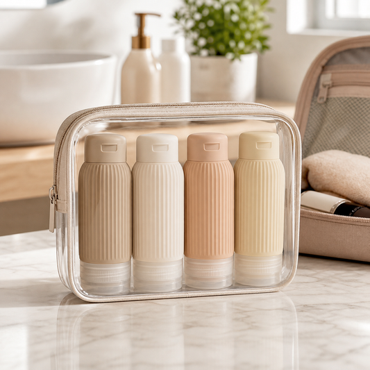 Silikon Reiseflaschen Set auf Reisen im Badezimmer und Koffer