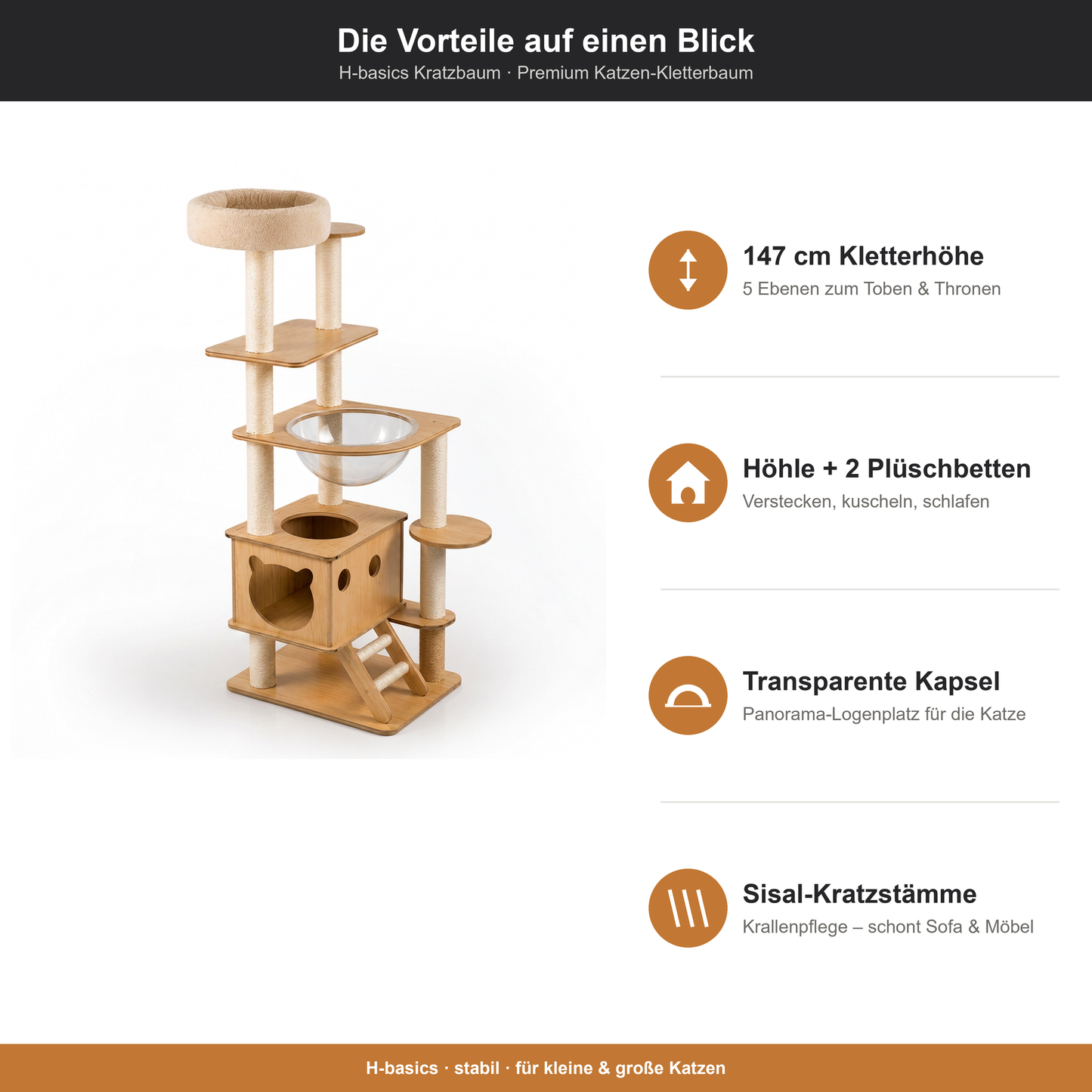 Vorteile H-basics Kratzbaum: 147 cm Kletterhöhe, Katzenhöhle, Aussichtskapsel, Sisal-Kratzstämme