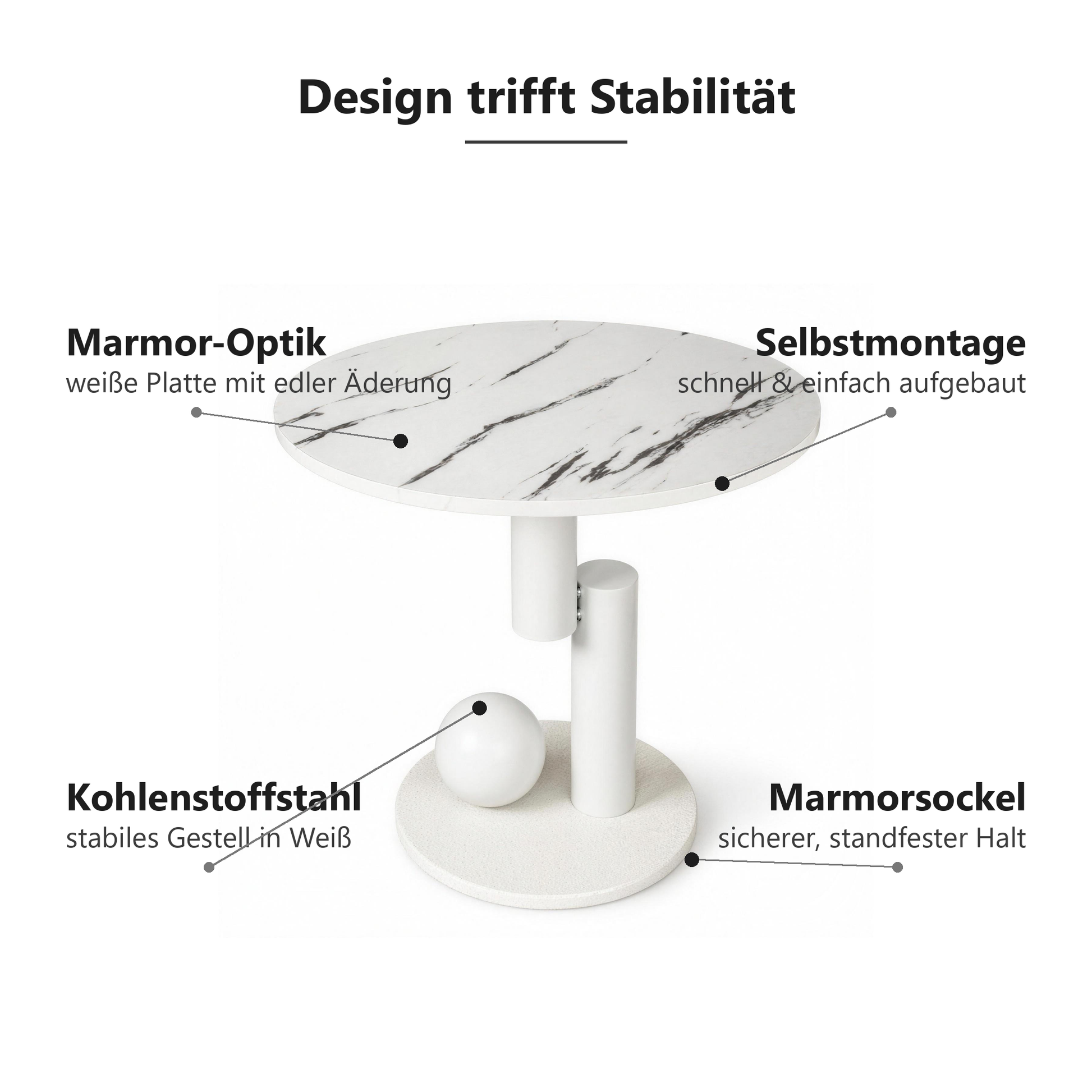 Vorteile: Marmor-Optik, Kohlenstoffstahl-Gestell, Marmorsockel, Selbstmontage