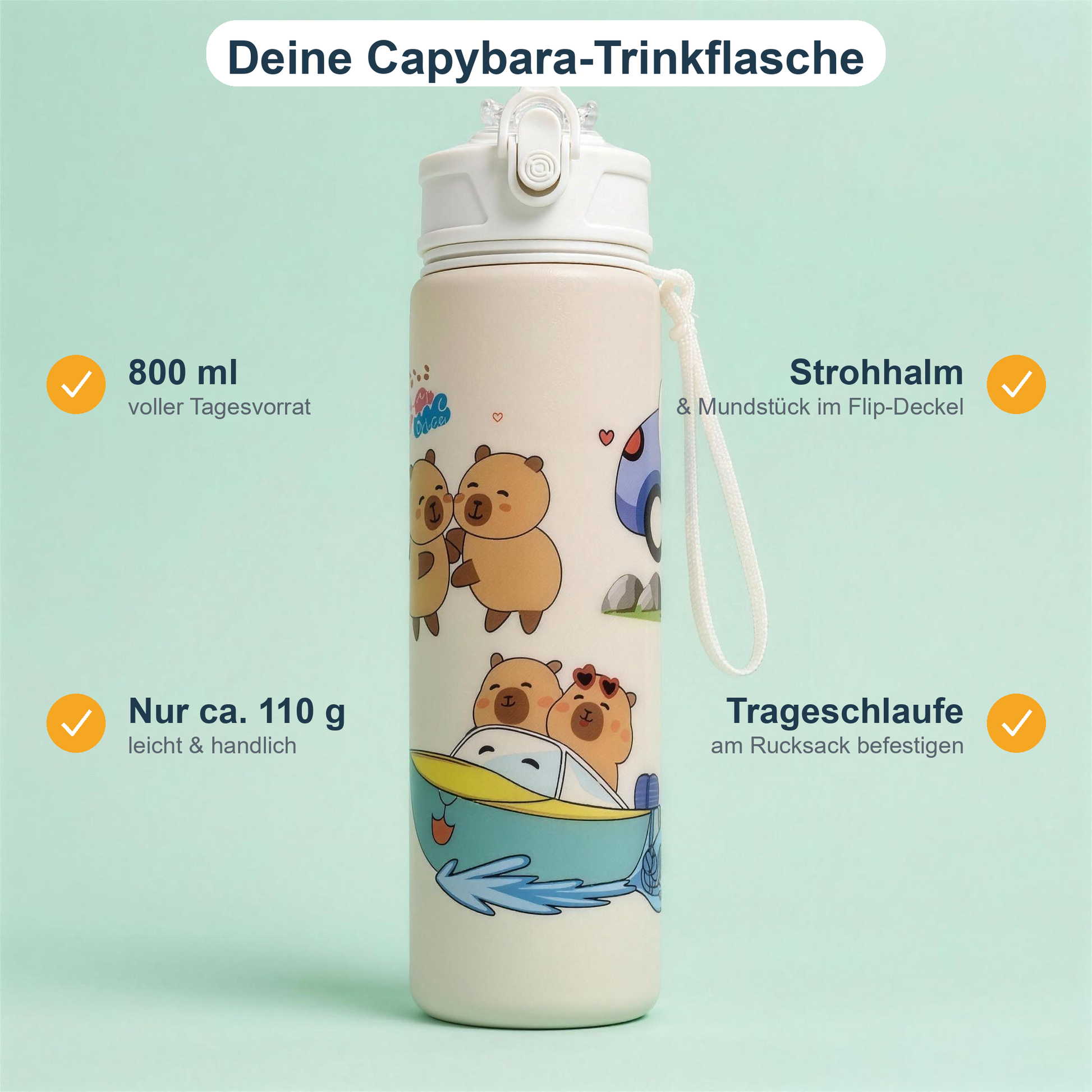 Vorteile: 800 ml, Strohhalm & Mundstück, Trageschlaufe, nur 110 g