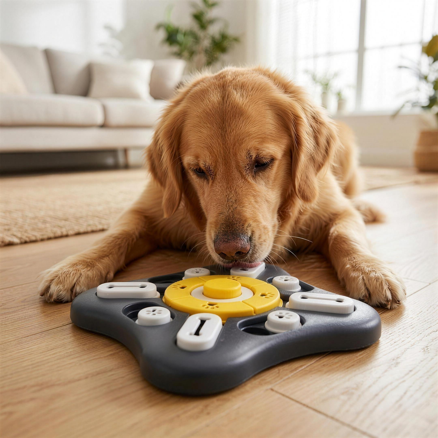 Hund spielt mit dem Intelligenzspielzeug im Wohnzimmer
