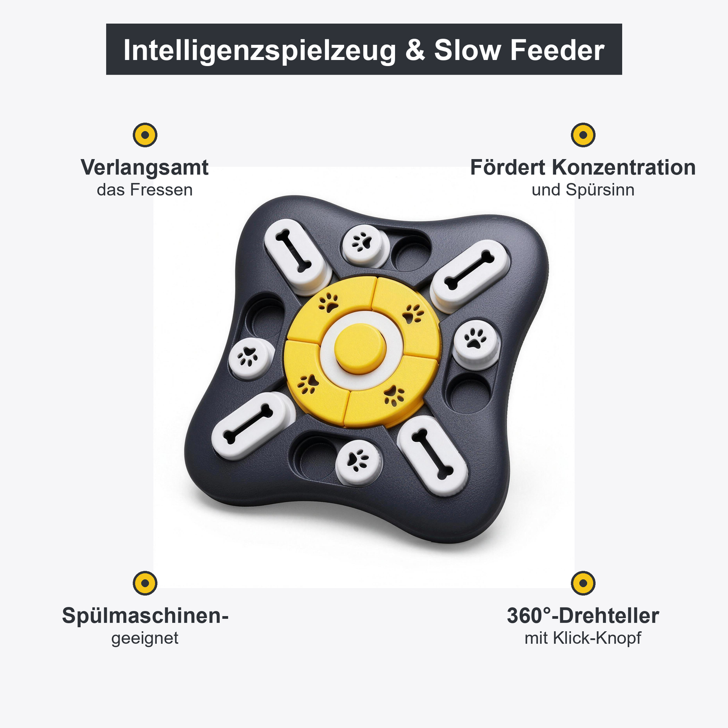 Vorteile: verlangsamt das Fressen, fördert Konzentration, spülmaschinengeeignet, 360°-Drehteller