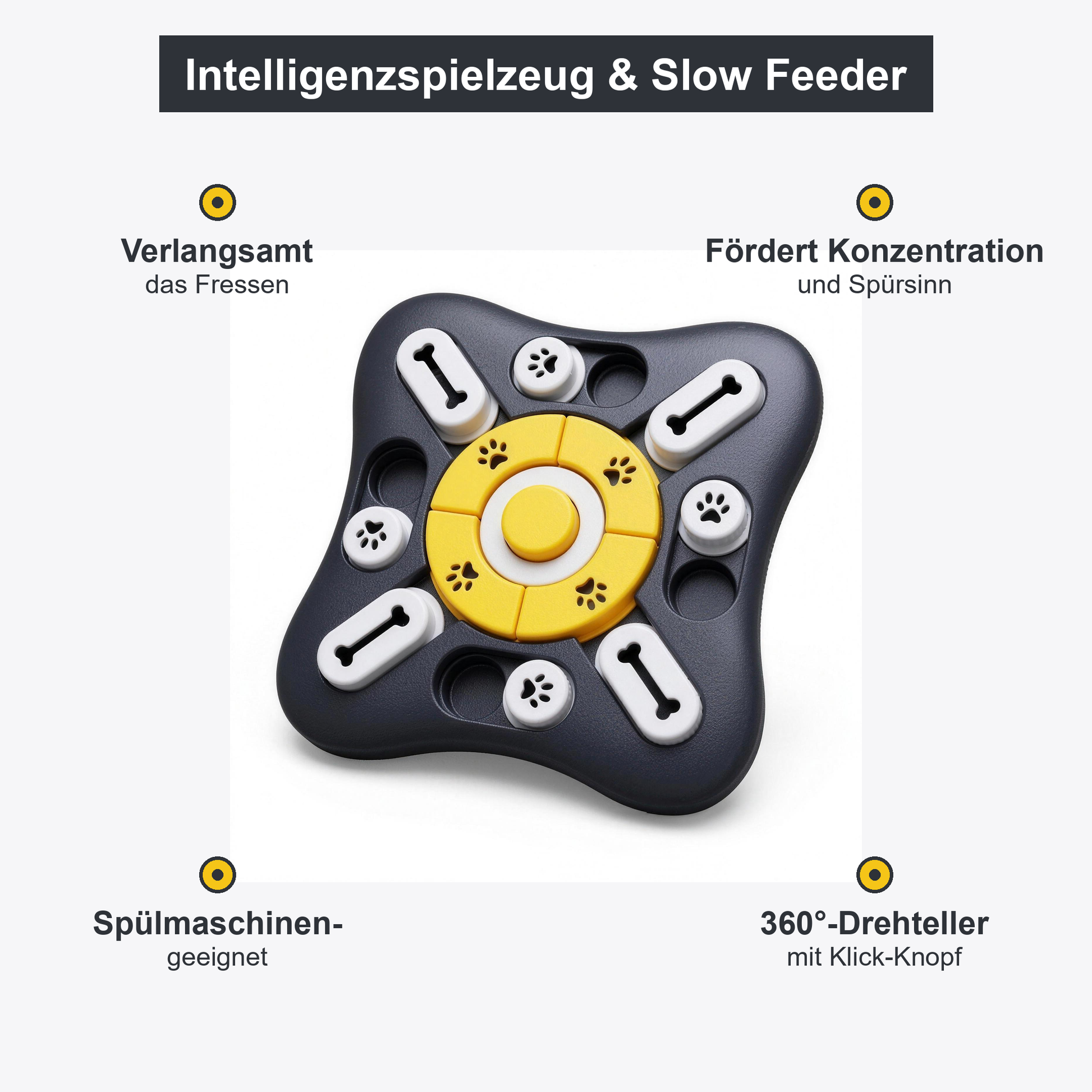 Vorteile: verlangsamt das Fressen, fördert Konzentration, spülmaschinengeeignet, 360°-Drehteller