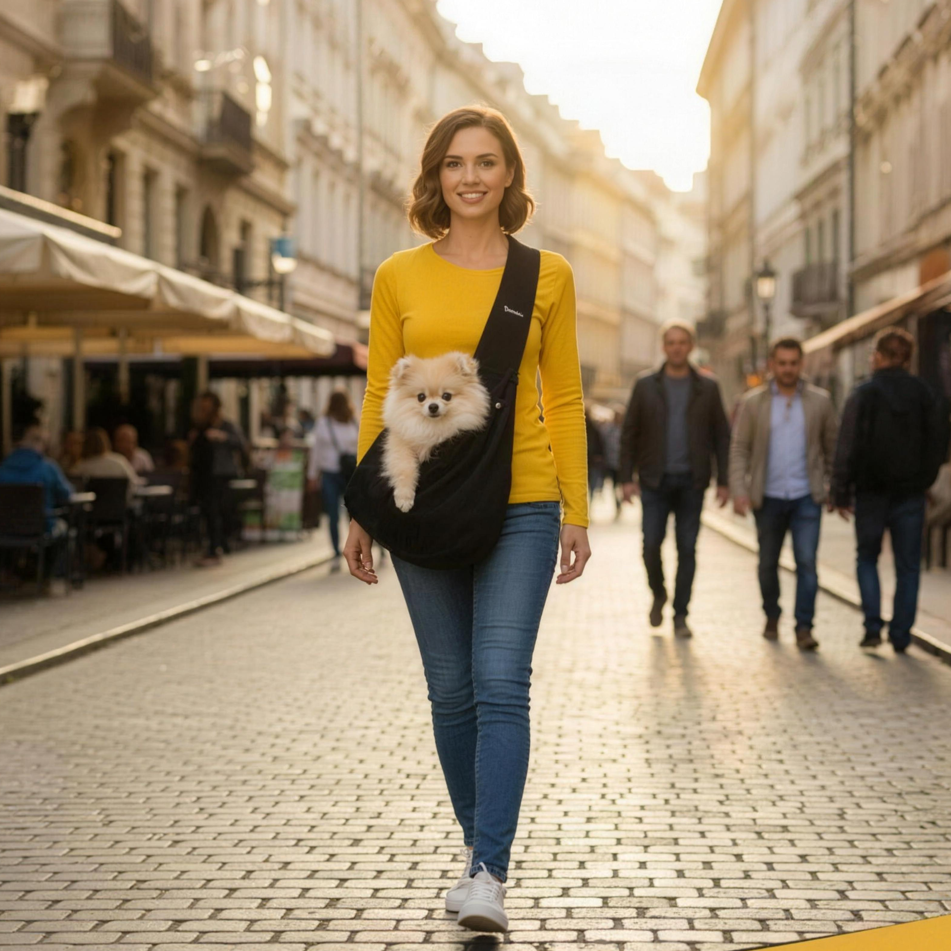 Spaziergang in der Stadt mit Hund in der Schultertasche