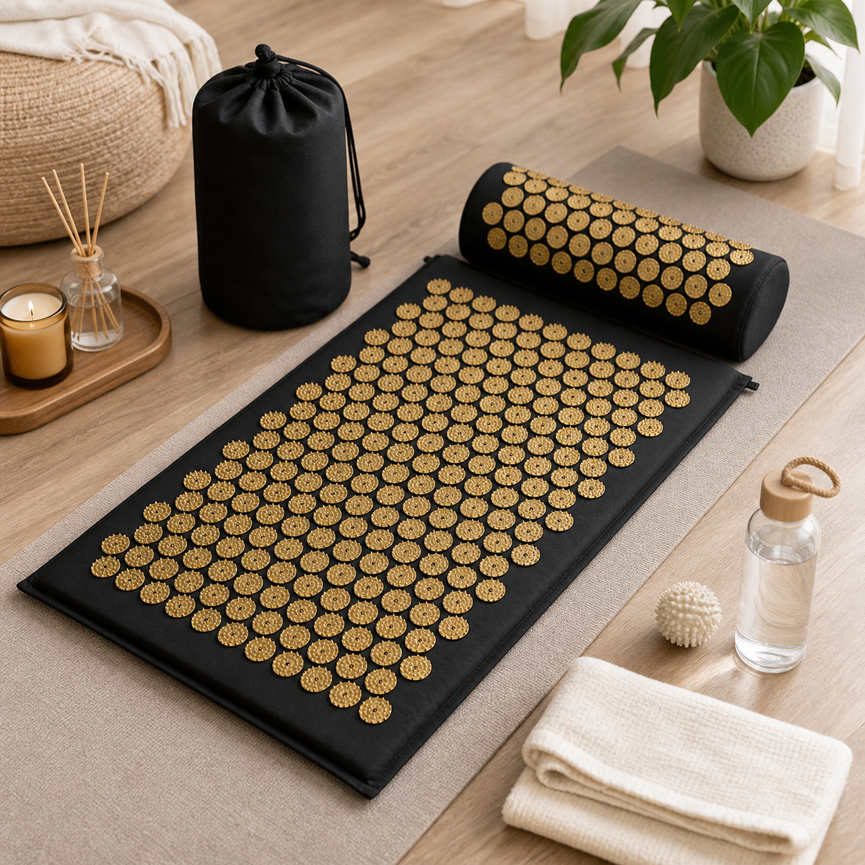 Schwarz goldene Akupressurmatte mit Kissen in Wellness Szene