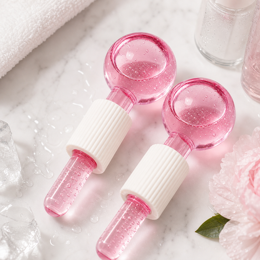 Pinkes Gesichtsroller Kühlball Set auf Spa Waschtisch