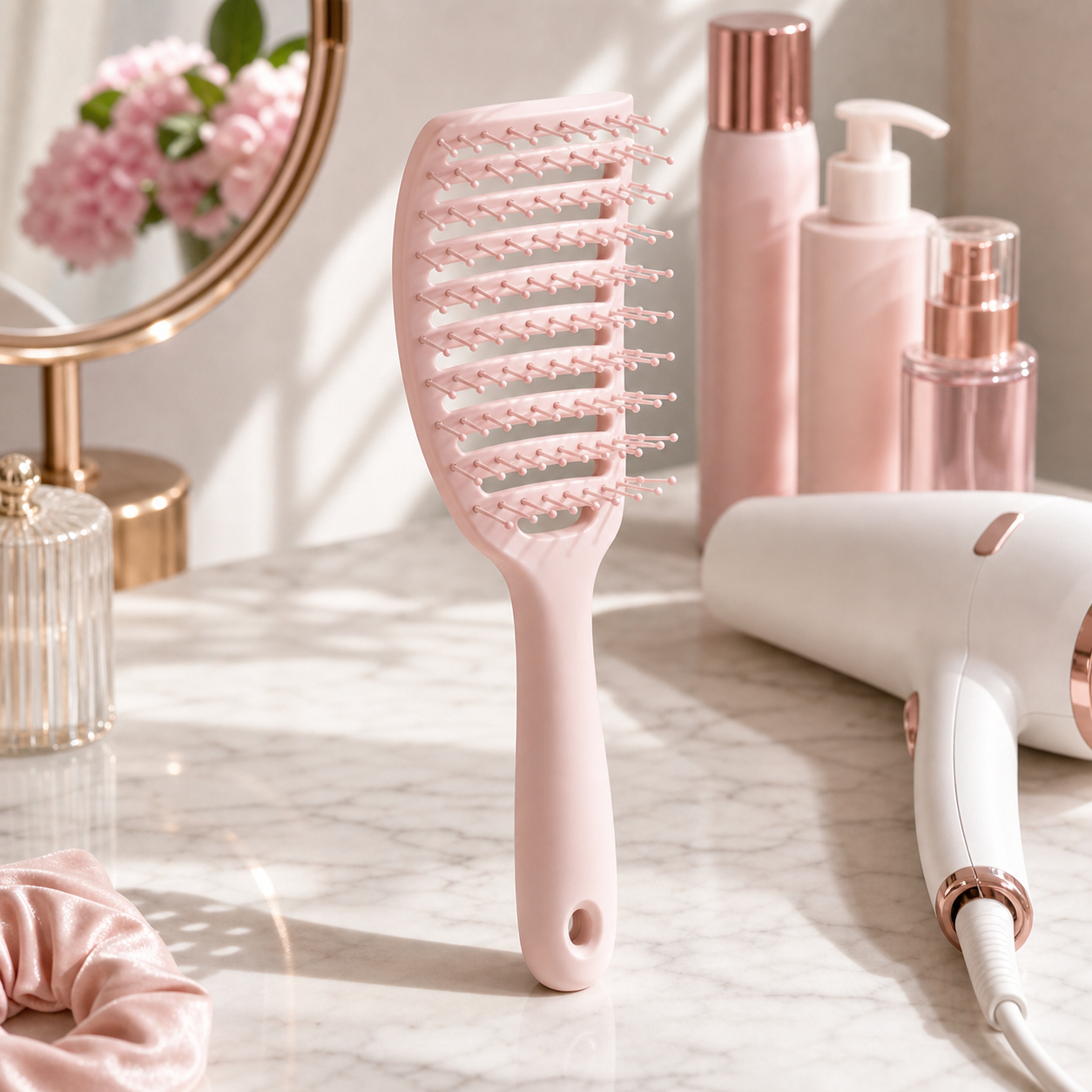Rosa Root Lift Haarbürste neben Styling Zubehör