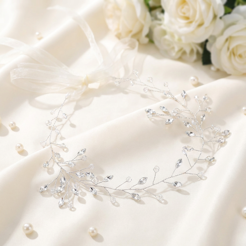 Kristall-Stirnband Hochzeit auf ivoryfarbenem Satin