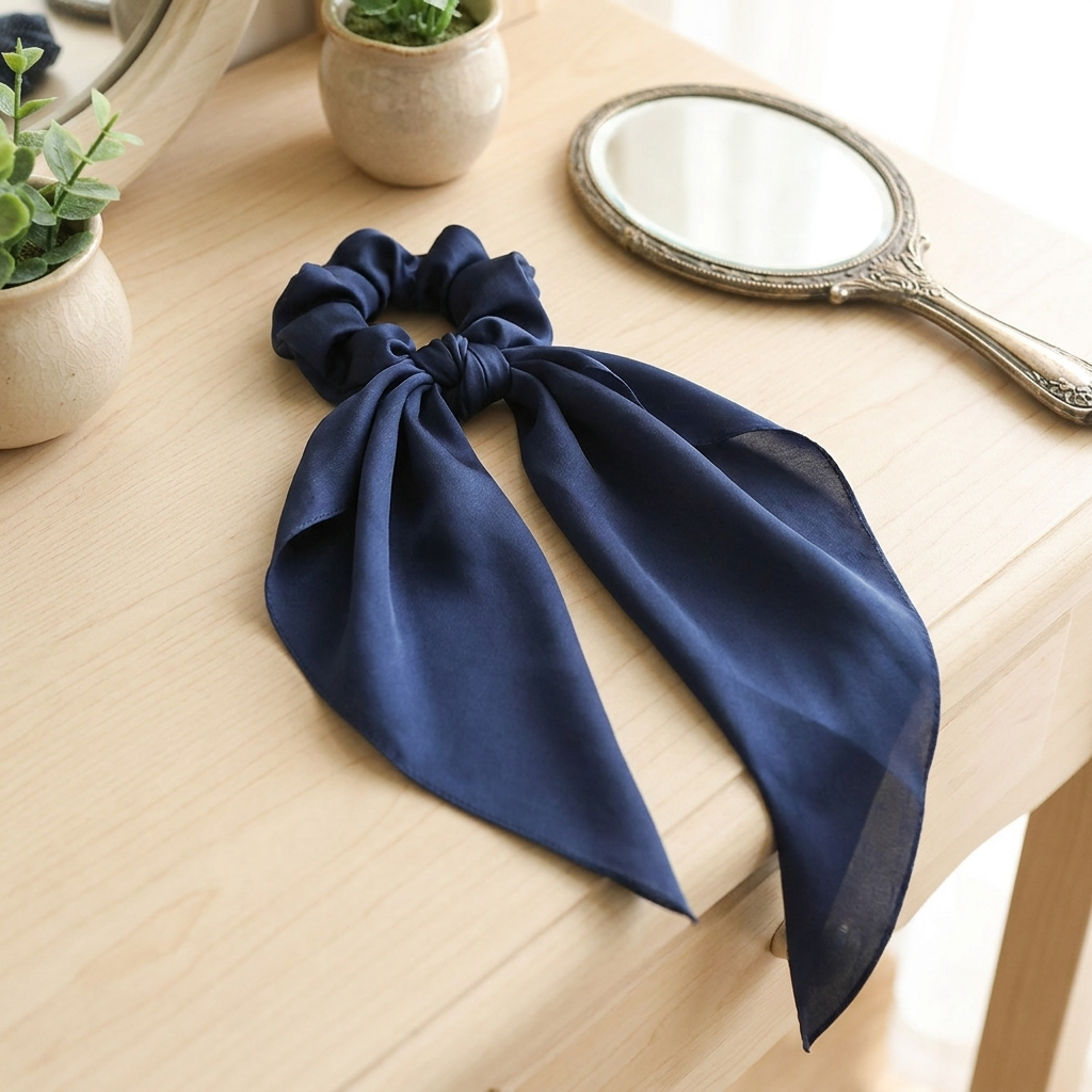 Haarschal navyblau mit langem Band auf heller Kommode