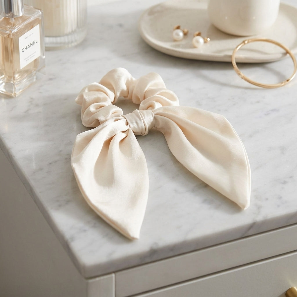 Haargummi mit Schal in Creme auf Marmor-Kommode