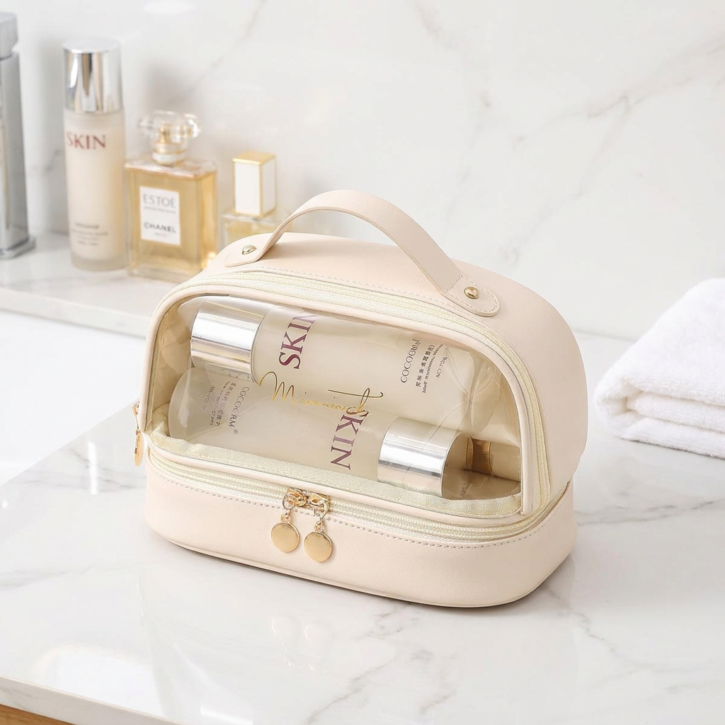 Cremefarbener Reise-Kosmetik-Organizer, zwei Ebenen