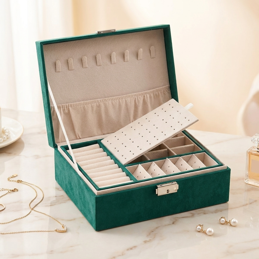 Grüner Samt-Schmuck-Organizer mit Fächern