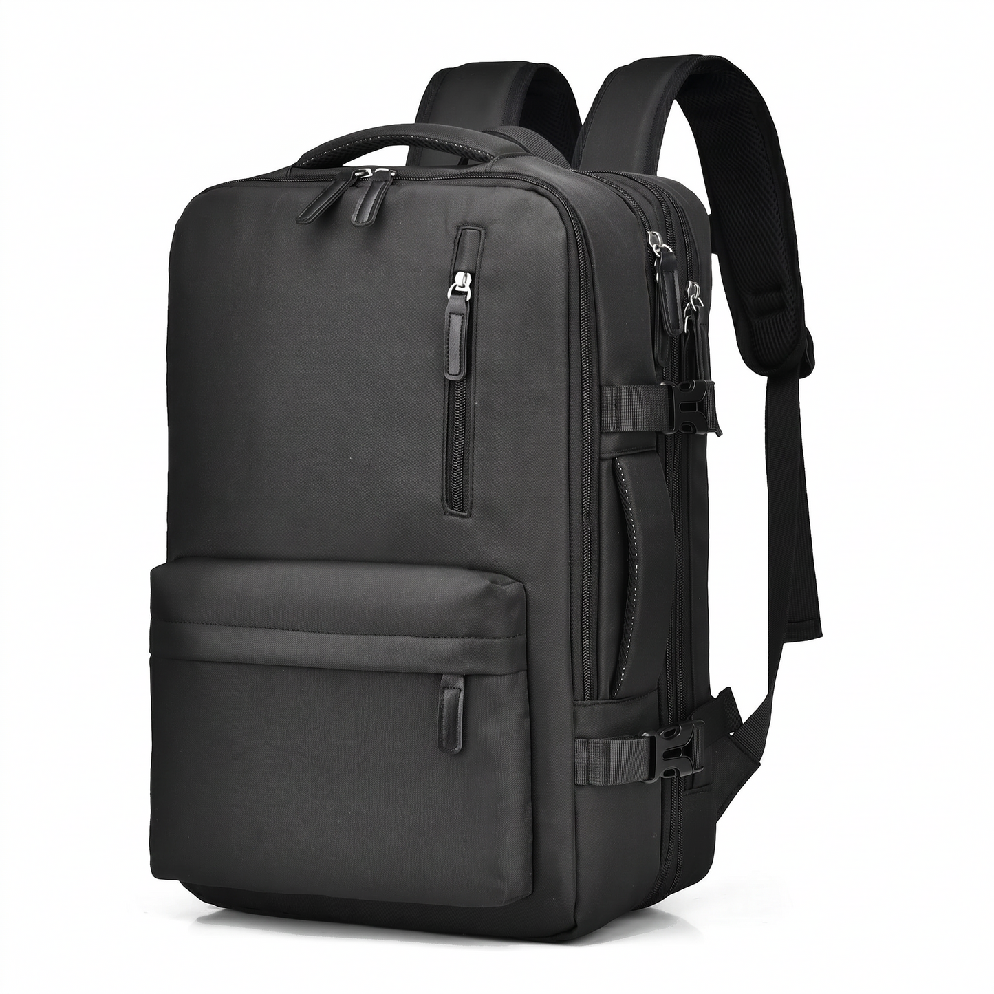 Schwarzer Kabinenrucksack – 3/4-Seitenansicht mit Außentaschen