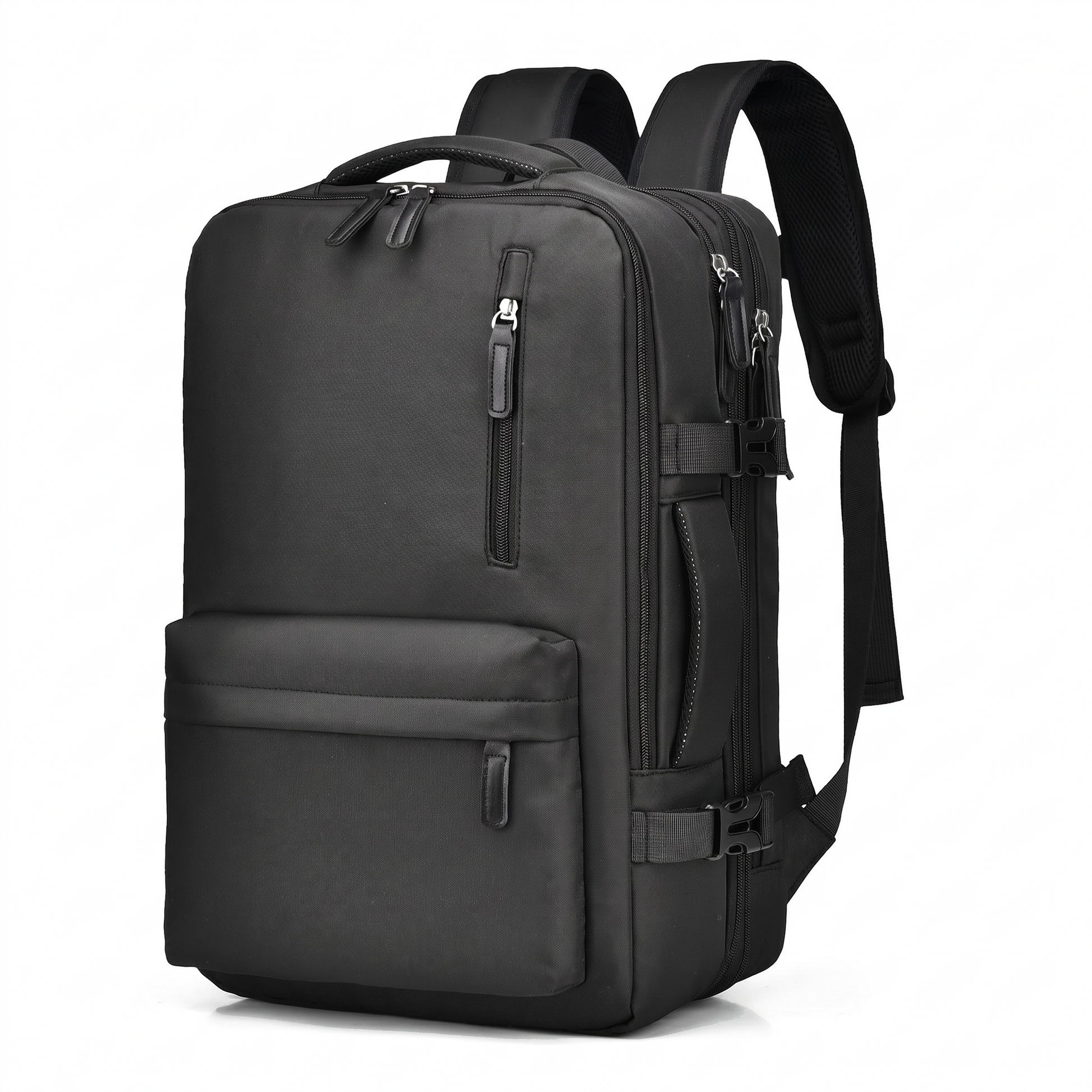 Schwarzer Kabinenrucksack – 3/4-Seitenansicht mit Außentaschen