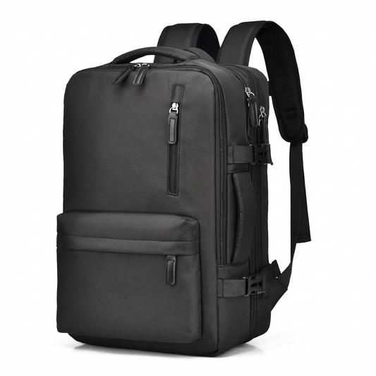 Schwarzer Kabinenrucksack – 3/4-Seitenansicht mit Außentaschen
