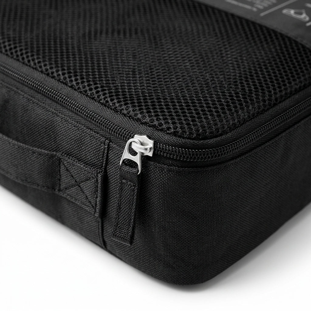 Reiseorganizer schwarz Detail Reissverschluss und Mesh