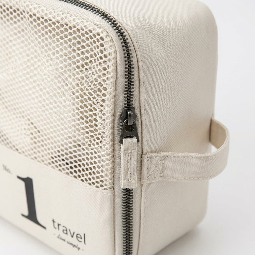 Reiseorganizer creme Detail Reissverschluss und Mesh