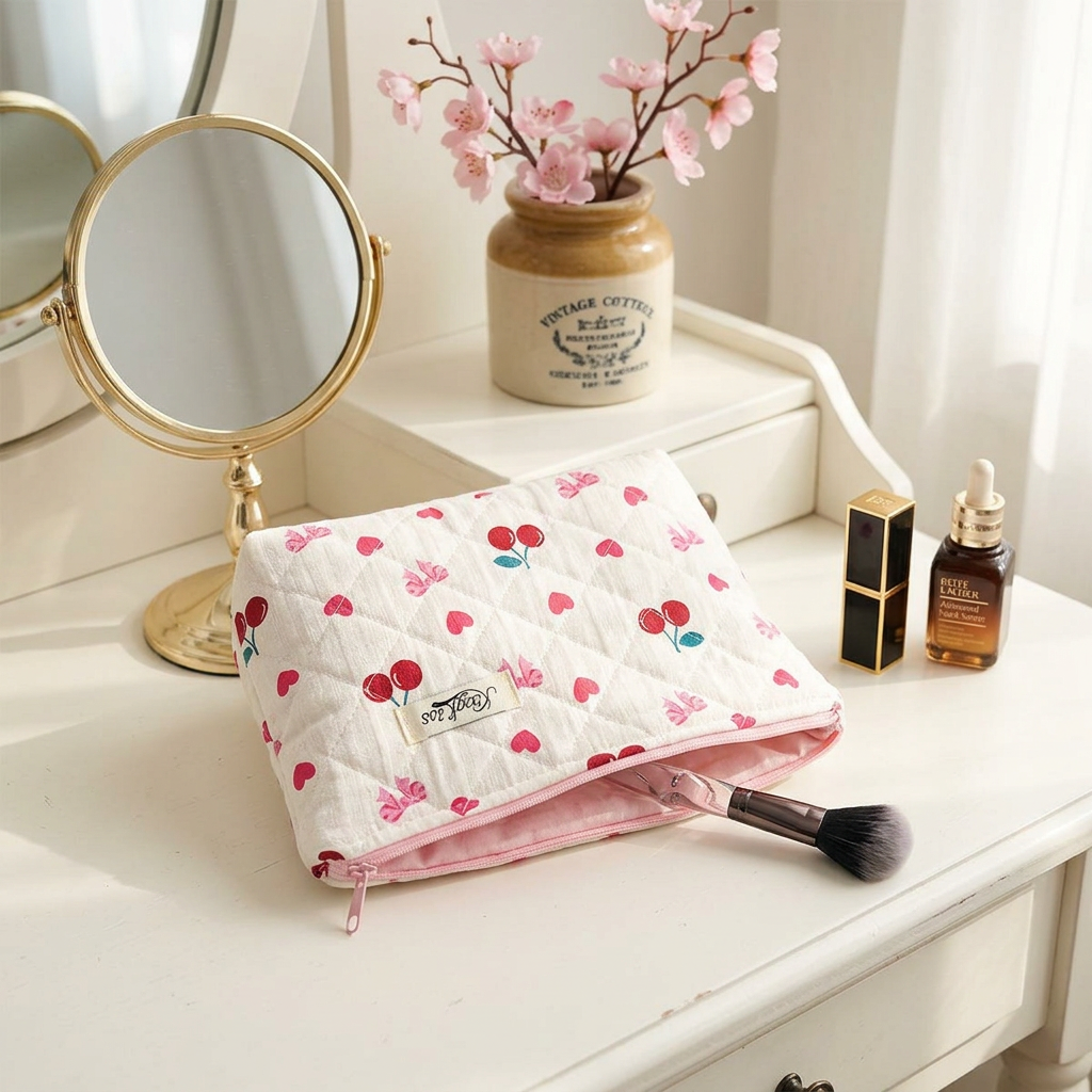 Kosmetiktasche Kirsche auf Schminktisch mit Make-up
