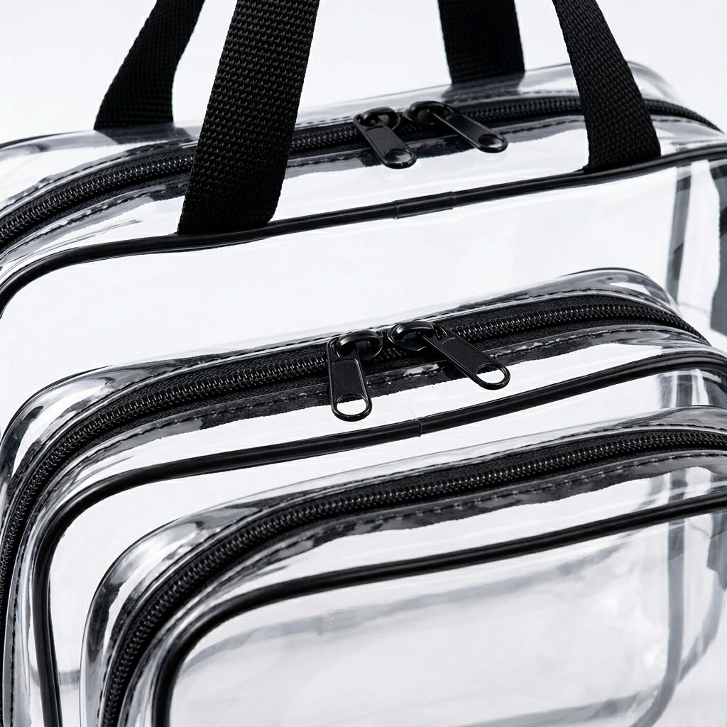 Transparente Kosmetiktasche Detail PVC Material und Reissverschluss