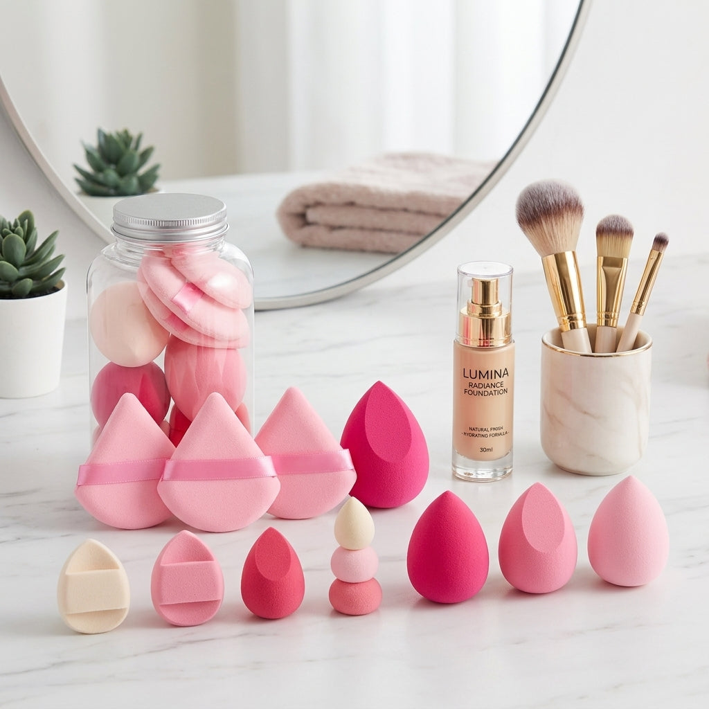 Make-up Schwaemmchen Set auf Schminktisch mit Foundation und Pinseln