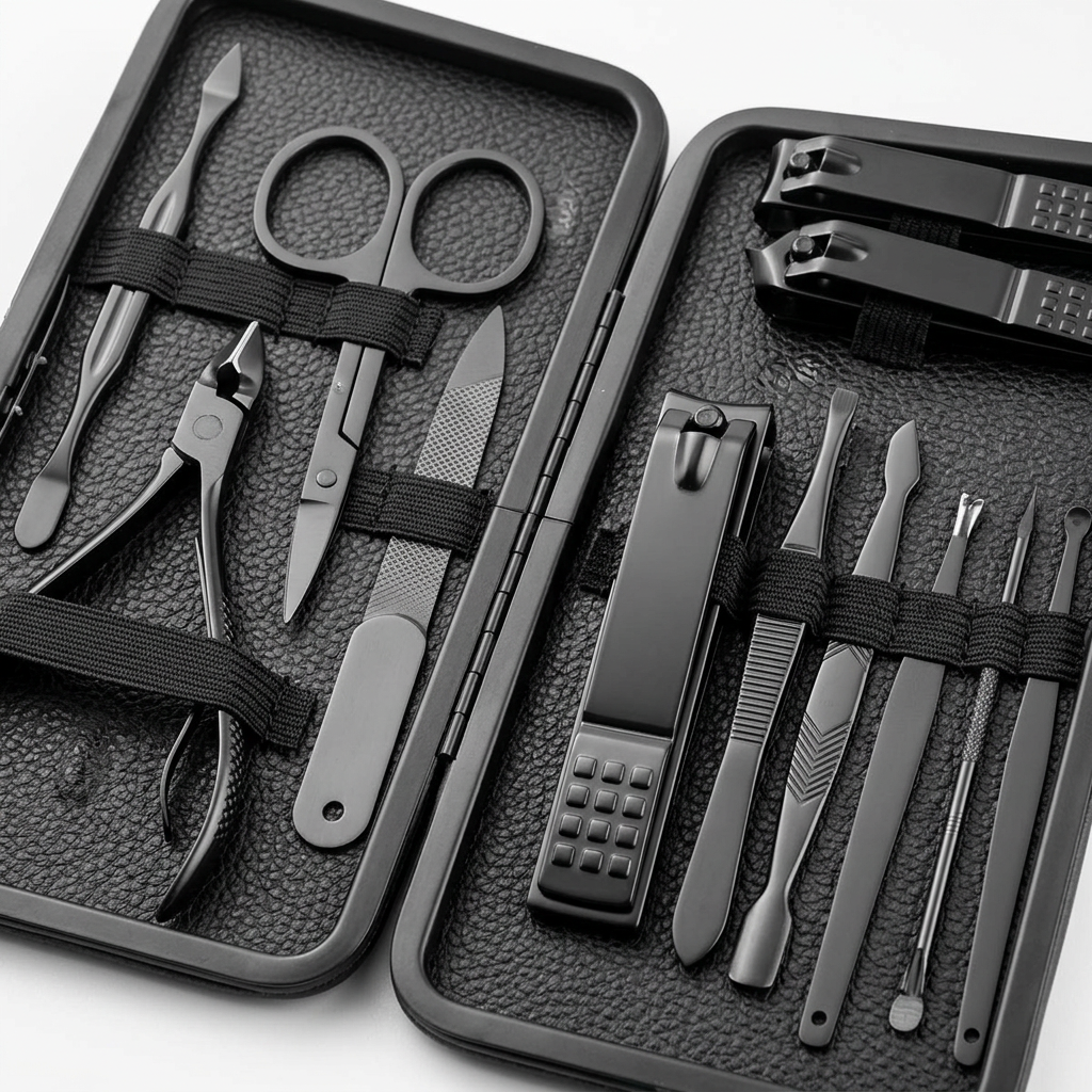 Manikuere Pedikuere Set Detail Edelstahl Werkzeuge im Etui