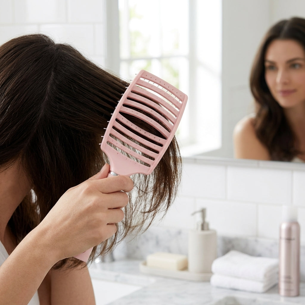 Haarbuerste Root Lift Rosa in der Hand beim Buersten fuer Volumen