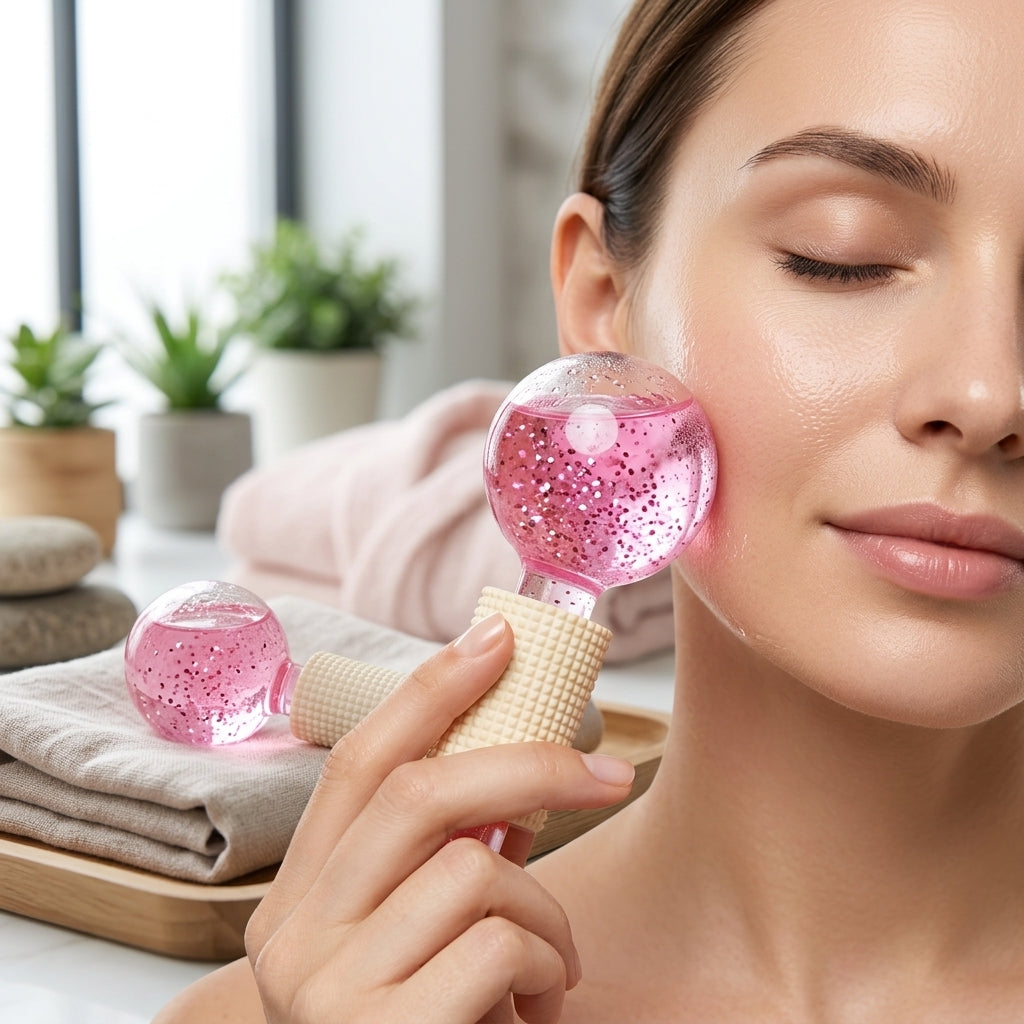 Gesichtsroller Kuehlbaelle Pink bei kuehlender Gesichtsmassage
