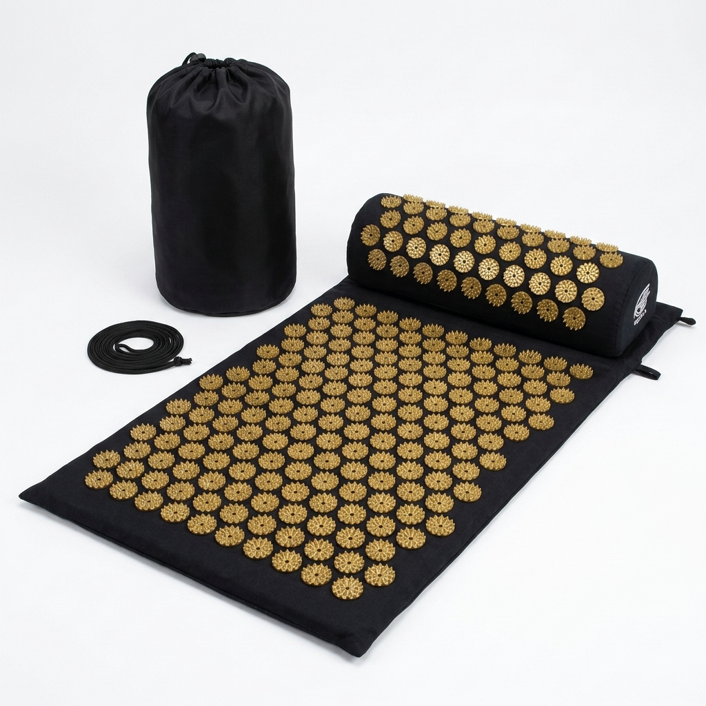 Akupressurmatte Komplettset schwarz mit goldenen Spikes Kissen und Beutel