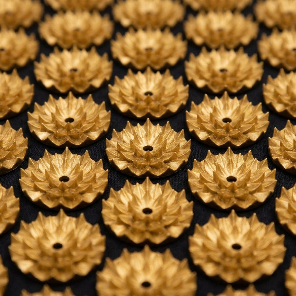 Akupressurmatte Makro goldene Druckpunkte auf schwarzem Stoff