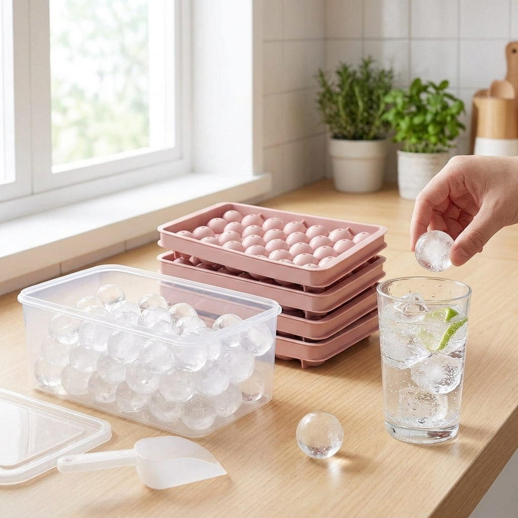 Silikon Eiswuerfelformen Rosa mit klaren Eiskugeln im Glas und Behaelter