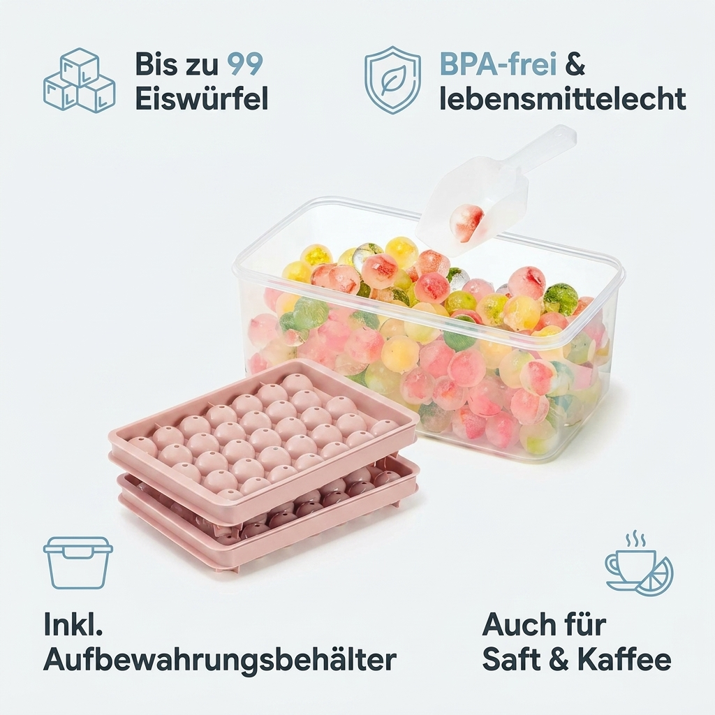 Eiswuerfelformen Vorteile bis zu 99 Eiswuerfel BPA-frei inkl Behaelter auch fuer Saft und Kaffee
