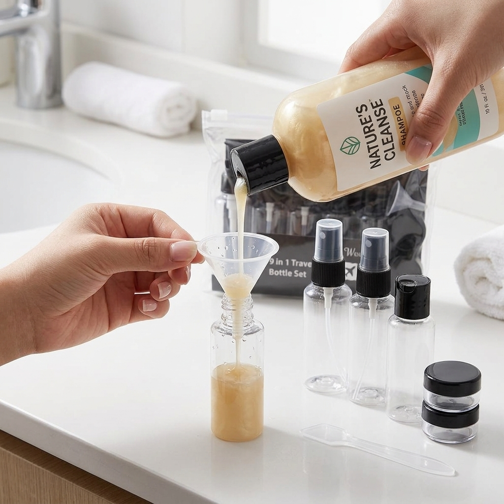 Reiseflaschen Set 9-in-1 Shampoo mit Trichter in Reiseflasche umfuellen