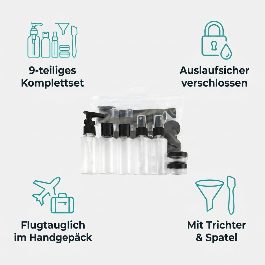 Reiseflaschen Set 9-in-1 Vorteile Komplettset auslaufsicher flugtauglich mit Trichter und Spatel