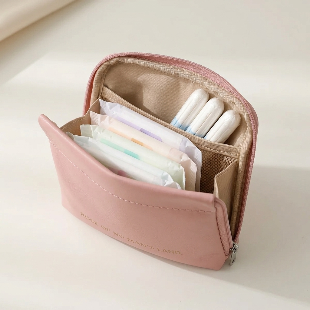 Damenbinden-Tasche Rosa geoeffnet mit Binden und Tampons ordentlich verstaut