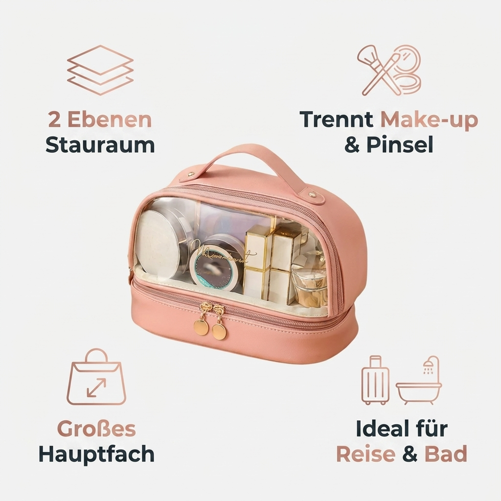 Kosmetik-Organizer Rosa Vorteile 2 Ebenen trennt Make-up und Pinsel grosses Hauptfach ideal fuer Reise