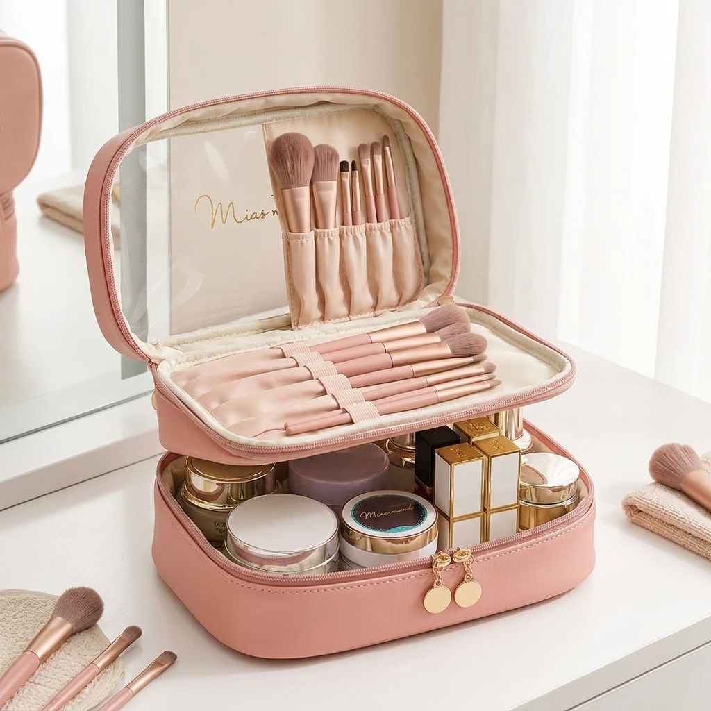 Kosmetik-Organizer Rosa geoeffnet zwei Ebenen mit Make-up und Pinseln
