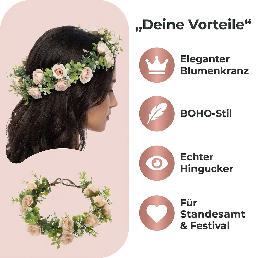 Blumenkranz BOHO W89 Vorteile eleganter Blumenkranz BOHO-Stil Hingucker fuer Standesamt und Festival