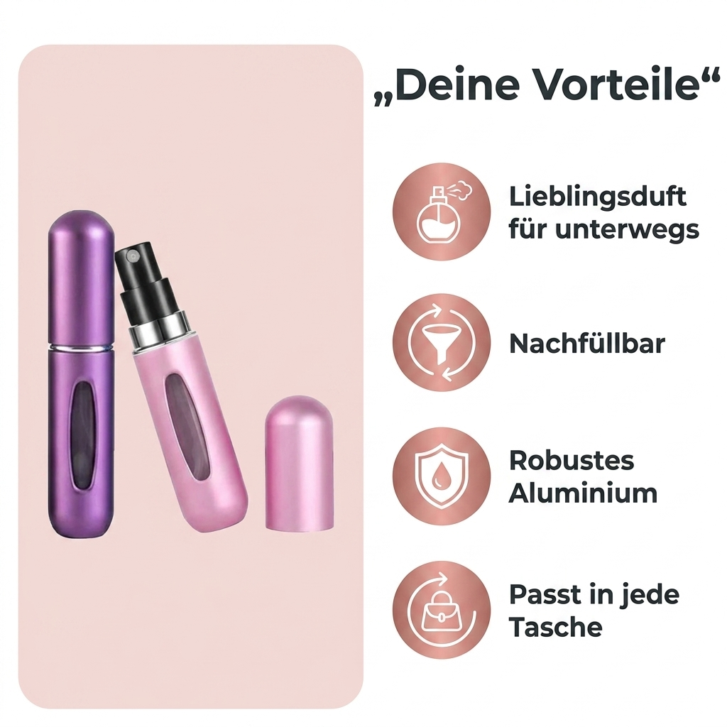 Reise-Parfuemzerstaeuber Aluminium Vorteile Lieblingsduft fuer unterwegs nachfuellbar robust passt in jede Tasche
