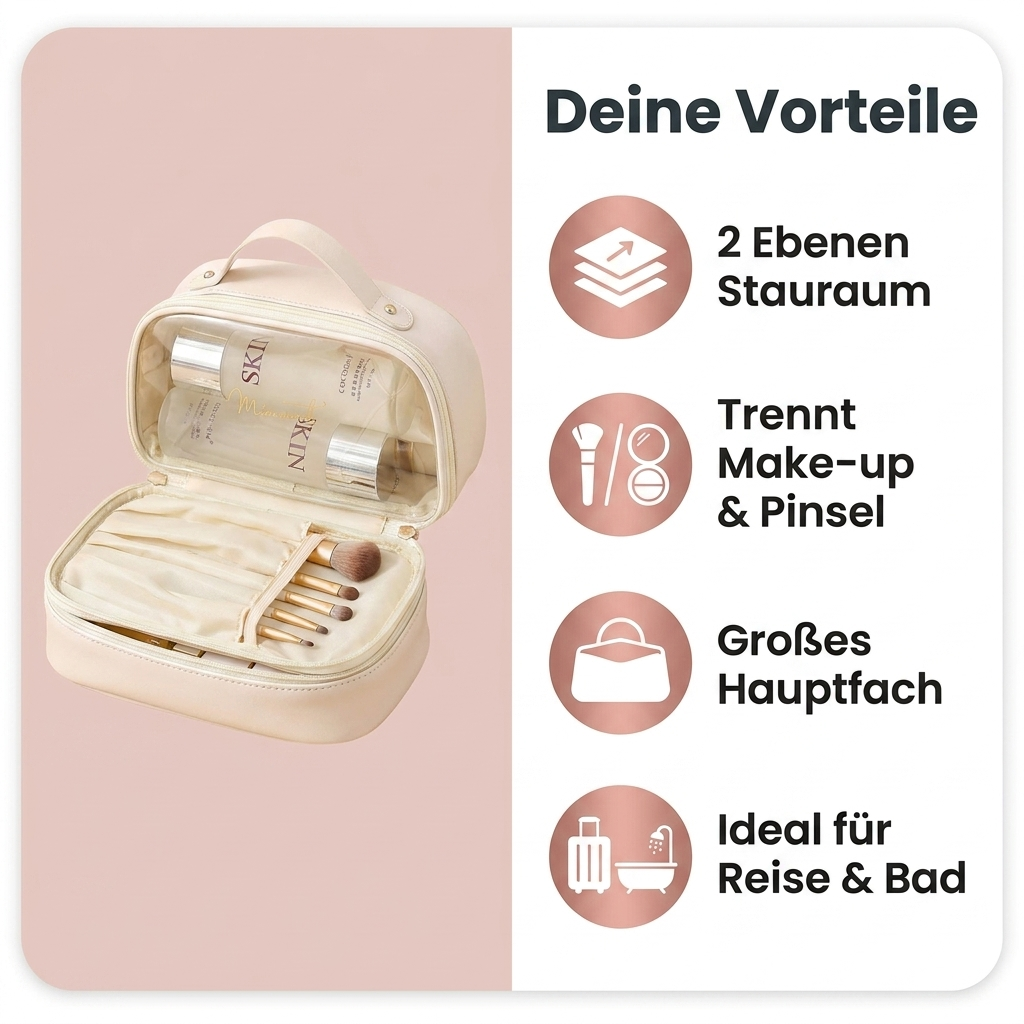 Kosmetik-Organizer Creme Vorteile 2 Ebenen Stauraum trennt Make-up und Pinsel grosses Hauptfach ideal fuer Reise