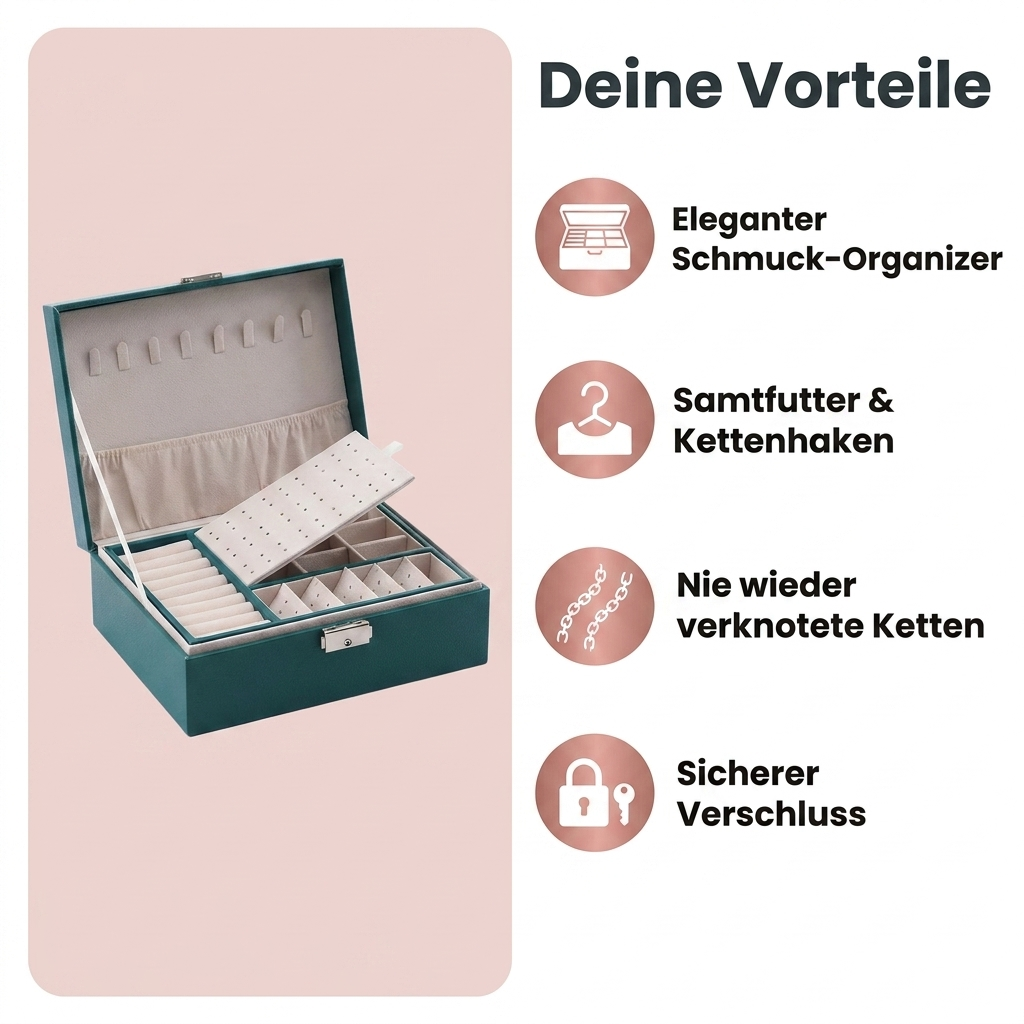 Schmuckschatulle Gruen Vorteile eleganter Organizer Samtfutter Kettenhaken sicherer Verschluss