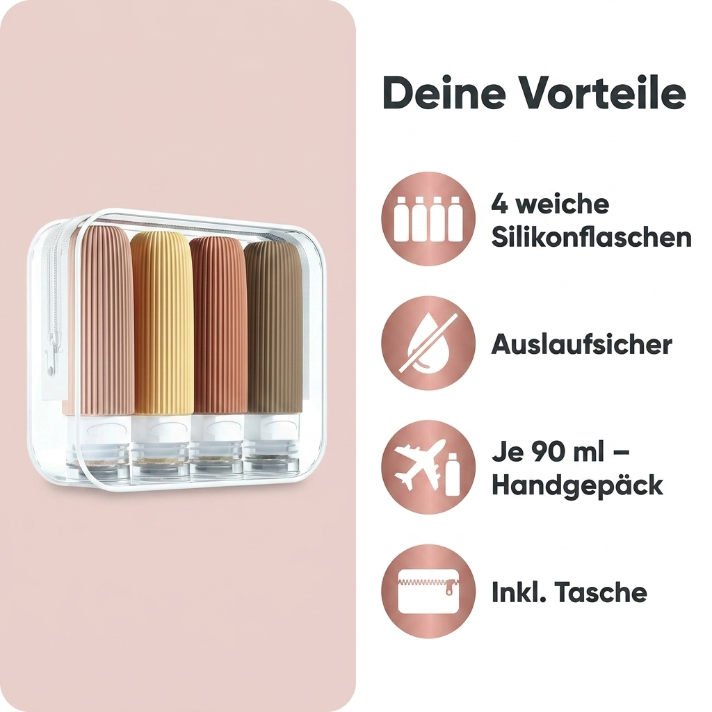 Silikon Reiseflaschen Vorteile 4 weiche Flaschen auslaufsicher je 90 ml Handgepaeck inkl Tasche