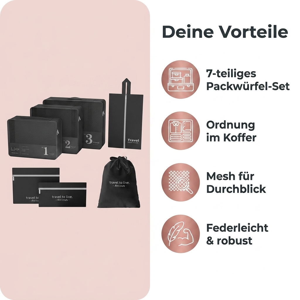 Reiseorganizer Schwarz Vorteile 7-teiliges Packwuerfel-Set Ordnung im Koffer Mesh fuer Durchblick federleicht