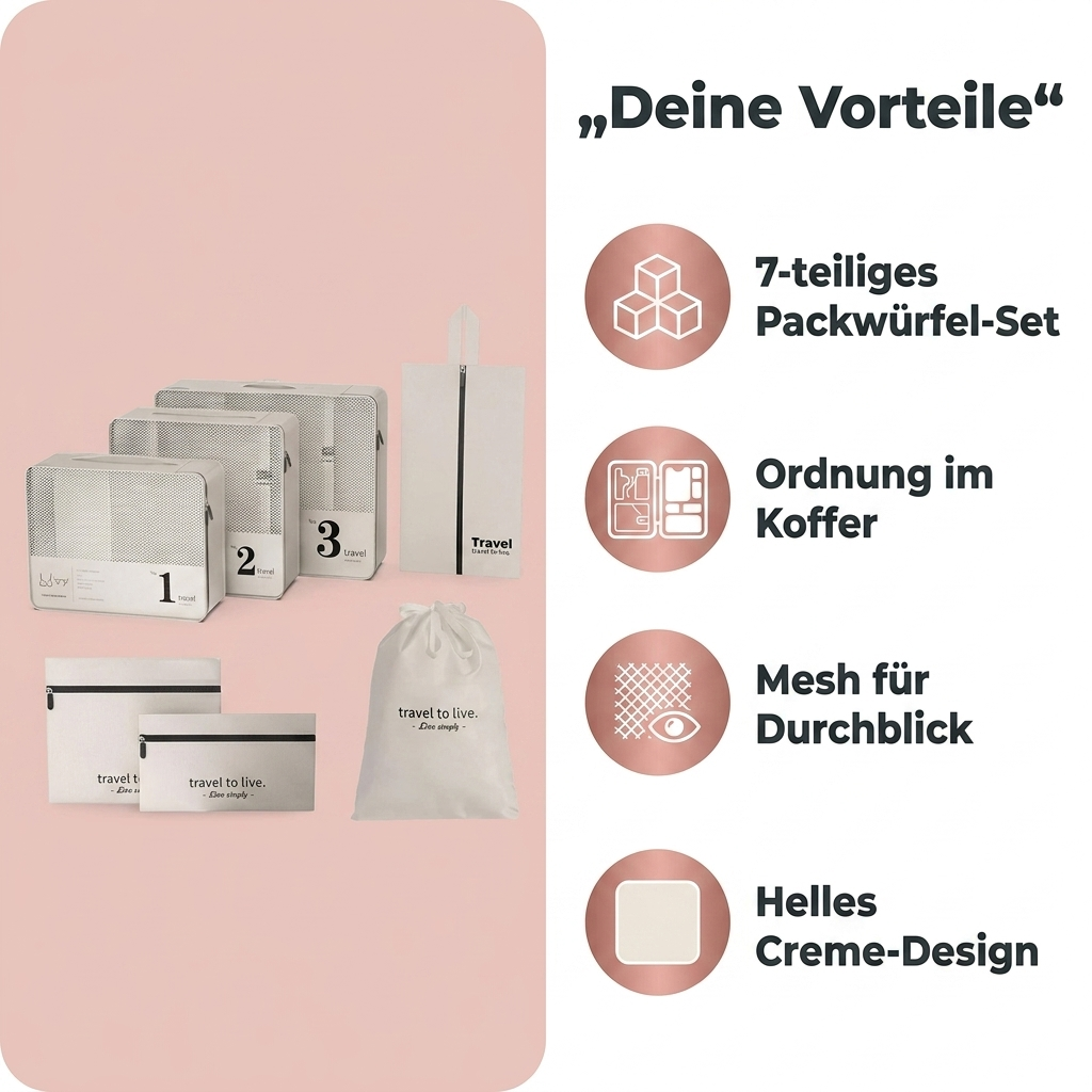 Reiseorganizer Creme Vorteile 7-teiliges Packwuerfel-Set Ordnung im Koffer Mesh fuer Durchblick helles Design