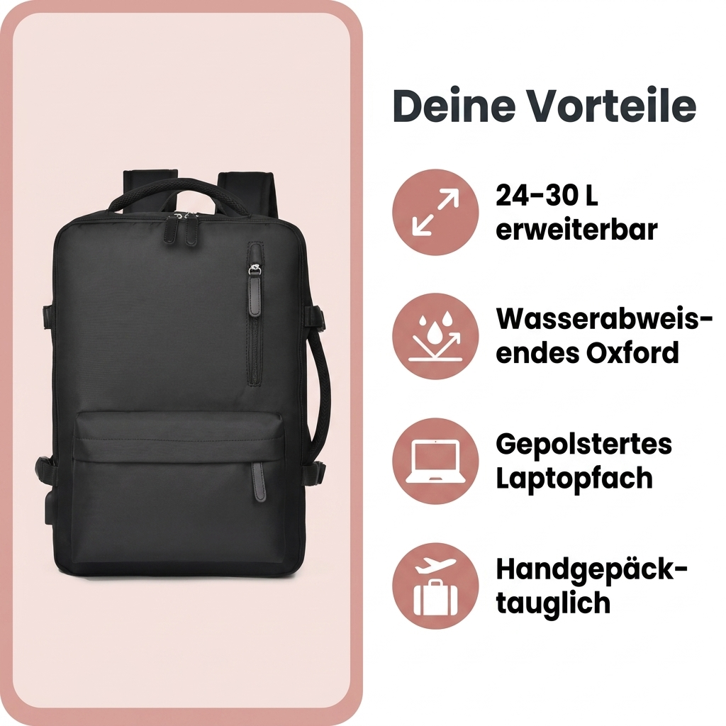 Kabinenrucksack Vorteile 24-30 L erweiterbar wasserabweisendes Oxford gepolstertes Laptopfach Handgepaeck